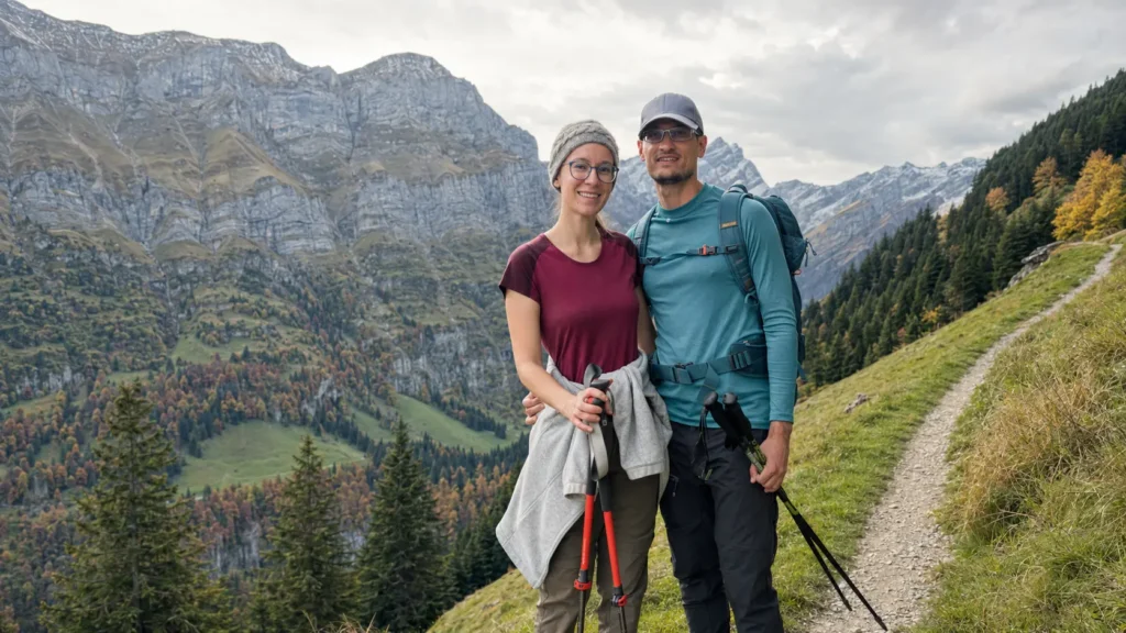 Marlena and Martin, the family behind PuriTee, hiking in the Swiss Alps